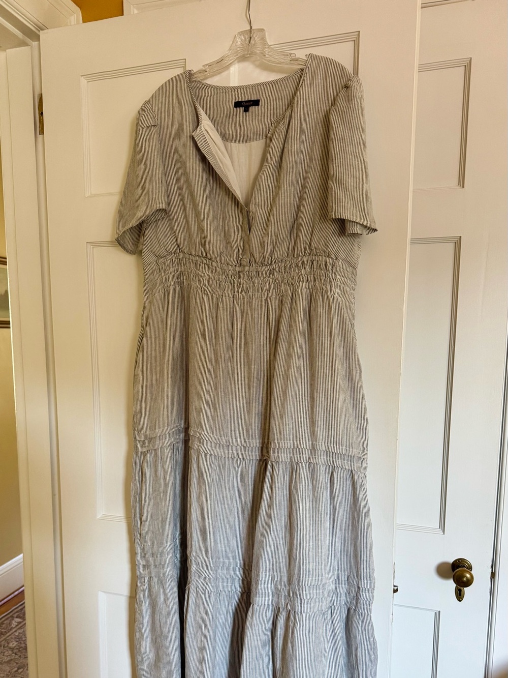 Quince - 100% European Linen Tiered Maxi Dress, Blue Pinstripe